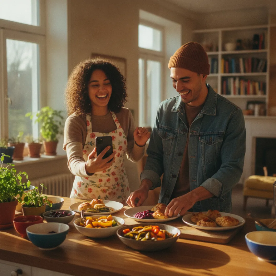 Two creators collaborating in a sunny kitchen
