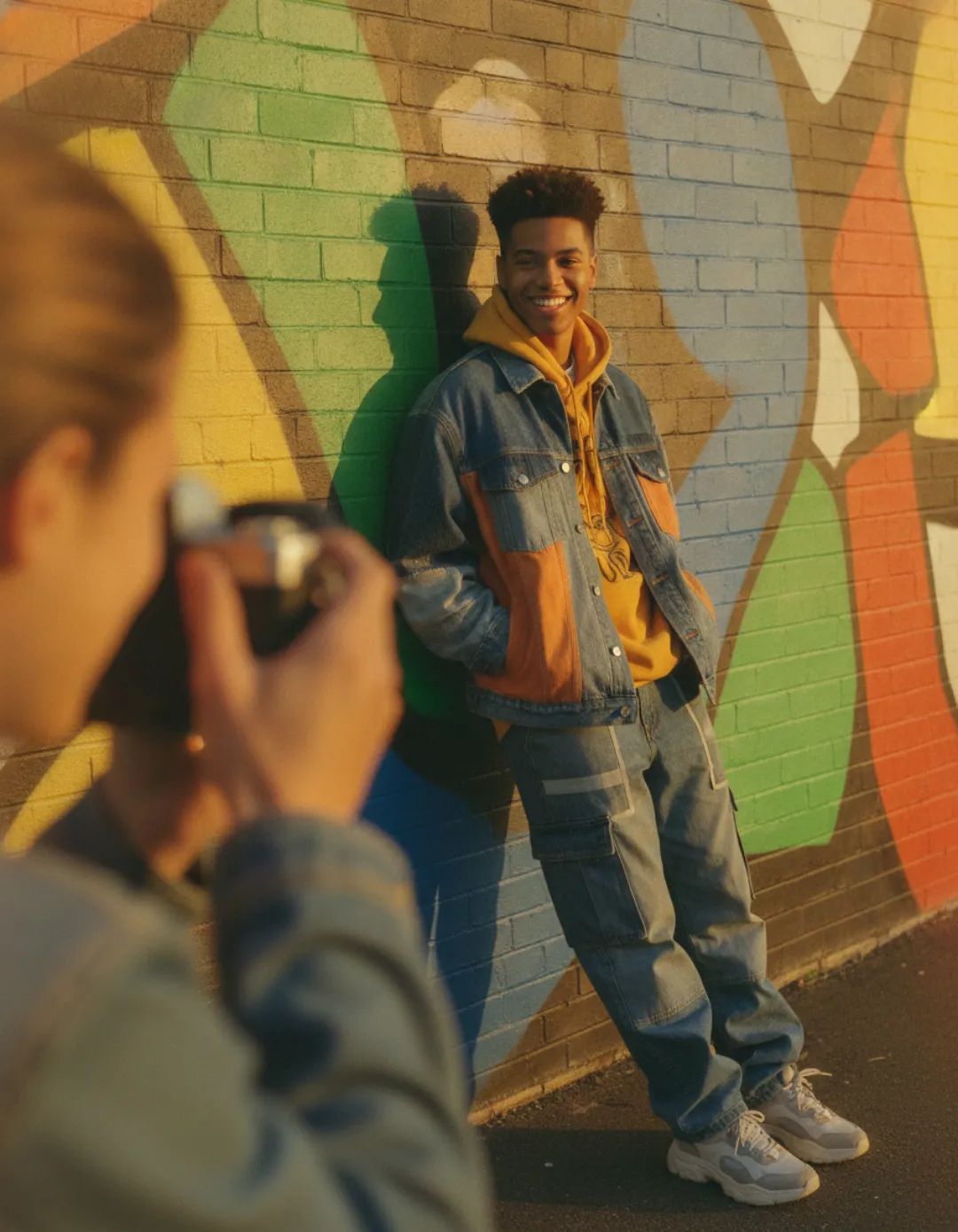 A stylish young person in streetwear against a mural