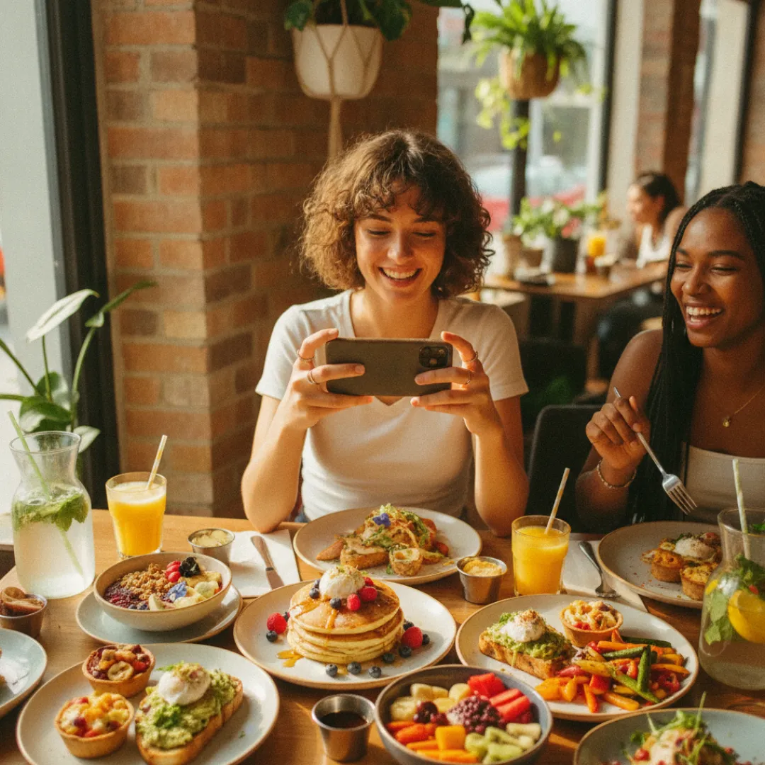 A creator photographing a colorful brunch from above