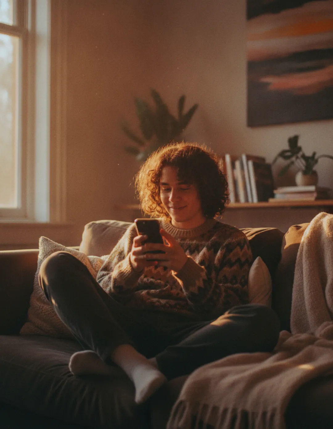 A young creator smiling while relaxing at home with their phone