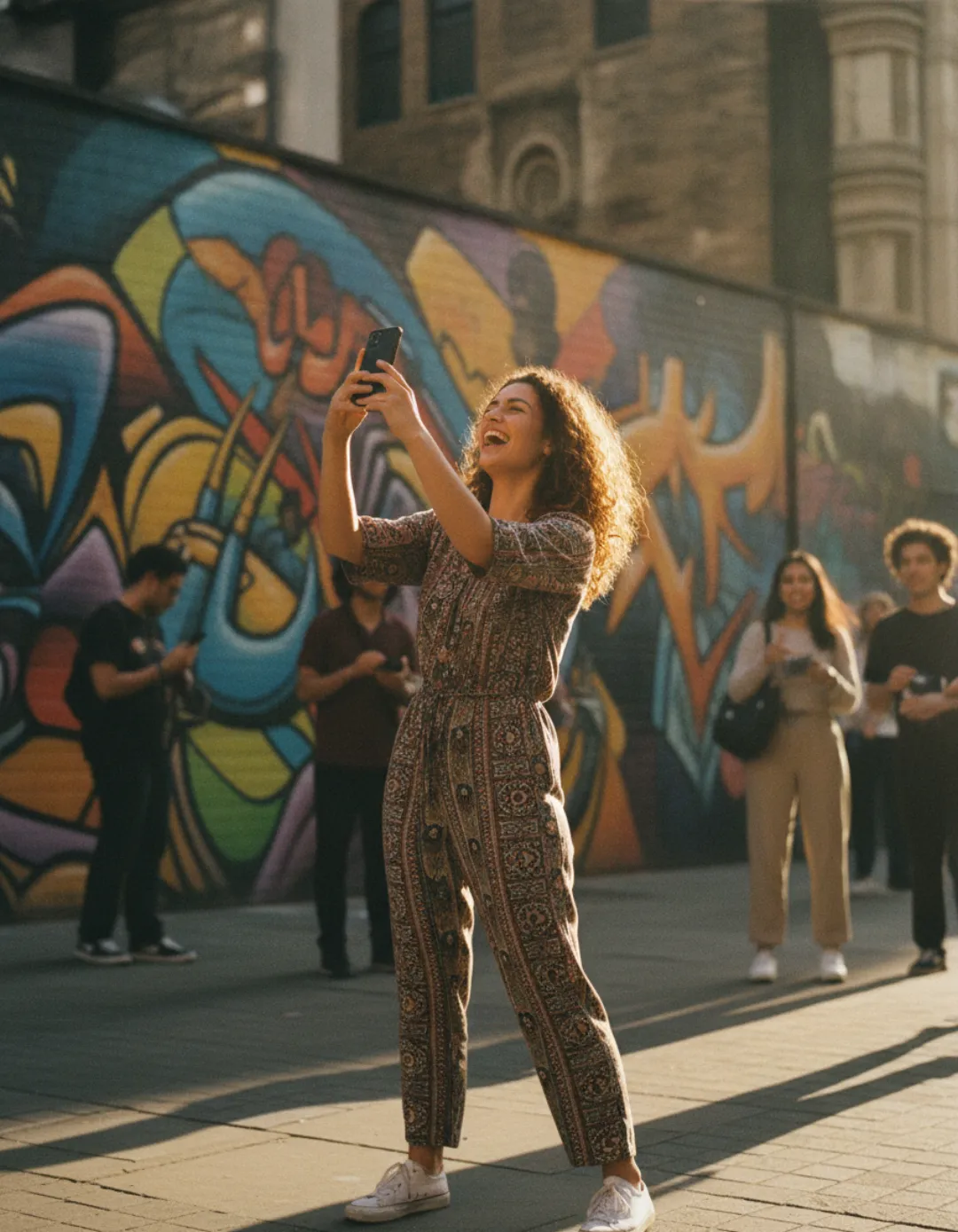 A young woman laughing as she photographs street art at golden hour