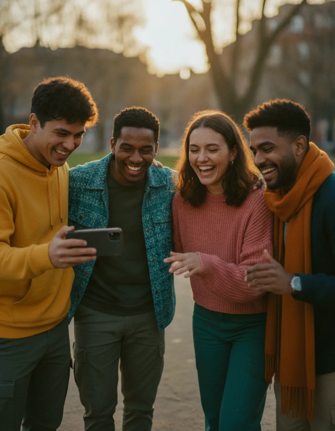 A group of friends delighted at something on a phone